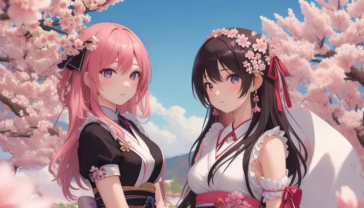 (best quality, masterpiece), high resolution, extremely detailed, detailed background, 2girls, sakura, spring