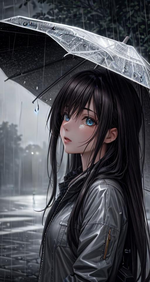 Anime girl with umbrella in the rain - SeaArt AI