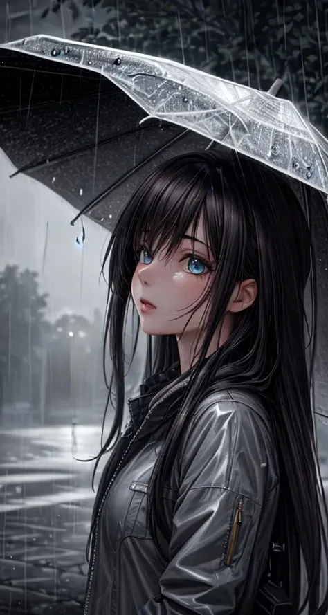 high resolution, extremely detailed, detailed background, cinematic lighting, outdoor, overcast, rain, 1girl