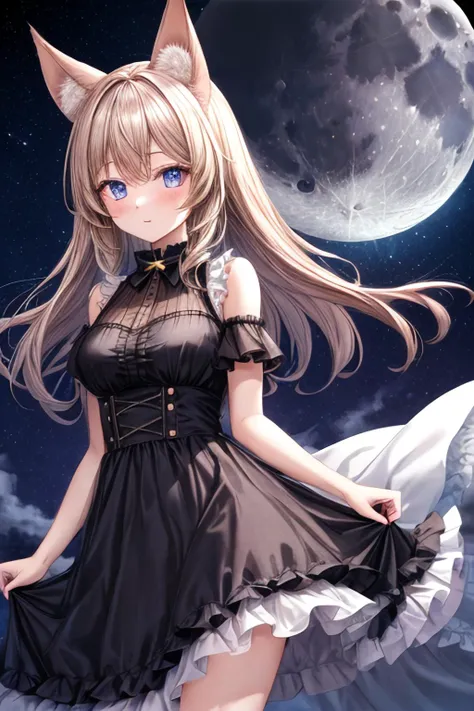 midnight, cool, vivid, mesmerizing, 1girl, dress, dog ears, moon