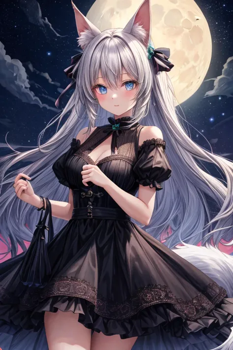 midnight, cool, vivid, mesmerizing, 1girl, dress, dog ears, moon