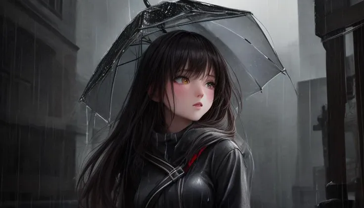 (best quality, masterpiece), high resolution, extremely detailed, detailed background, cinematic lighting, outdoor, overcast, rain, 1girl