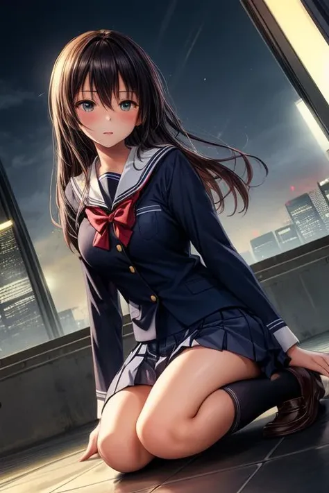cinematic lighting, dynamic angle, 1girl, school uniform, city
