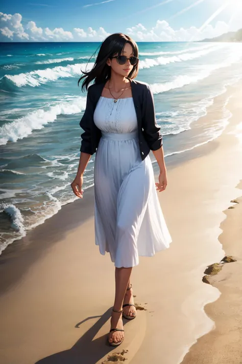 woman enjoying a stroll the beach. age 35. sunlight reflecting on the ocean. volumetric light. reflection, refraction.