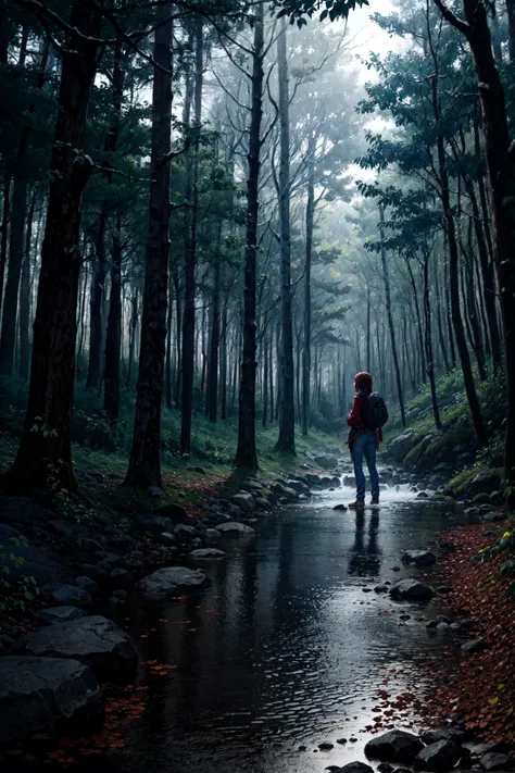 masterpiece, best quality, high resolution, extremely detailed, detailed background, 1girl, (dark forest:1.2), raging stream, canyon, cowboy shot, shirt, jeans, daybreak, dimly lit, low key, (darkness:1.4), <lora:epi_noiseoffset2:2.1>, <lora:flat:-0.5>