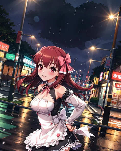 arms behind back,(upper body),rain,, city, tally, , , night, building, skyscraper, cityscape, tokyo (city), 1girl, street, , , outdoors, road, lamppost, , , alley, breasts, , convenience store, , , crosswalk, , car, flashing, , ground vehicle, , motor vehicle, train station, , town, blush, night sky, solo focus, vending machine, looking at viewer, snowing, real world location,, smile,, traffic light,, sign, solo, dutch angle, ,, , ,,<lora:CGSS_Style20230629:0.8>, <lora:dreamcclub_amane-12:1>,DCCAMANE,HAIR BOW,WAITRESS,RIBBON,DETACHED SLEEVES,WHITE THIGHHIGHS,BARE SHOULDERS,CLEAVAGE