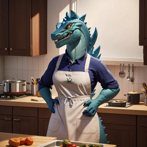 Synth, female, light blue and white body, wearing apron, quitchen, cooking, pussy, small breats, under view, perspective, standing, small waist, up tail, wide hips, realistic scalie