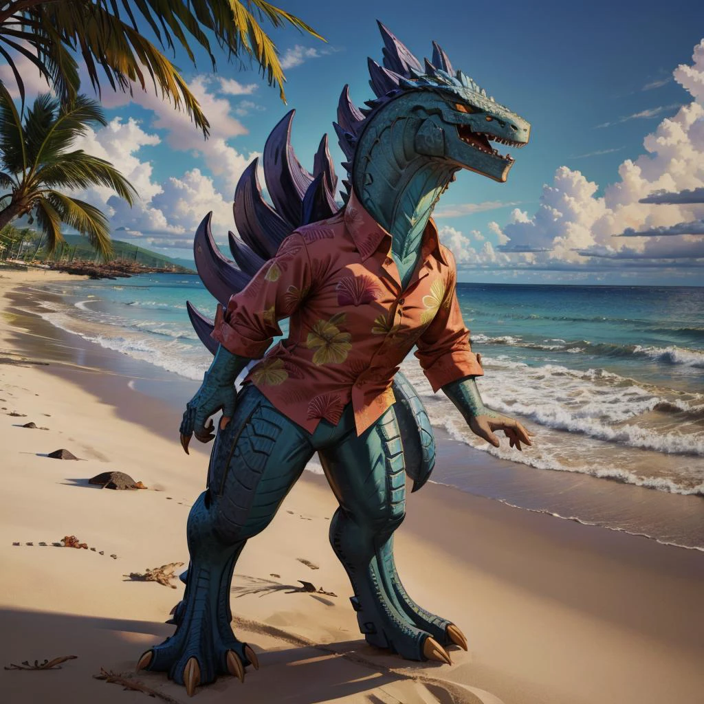 <lora:zilla:0.85> zilla wearing a Hawaiian shirt standing on a beach