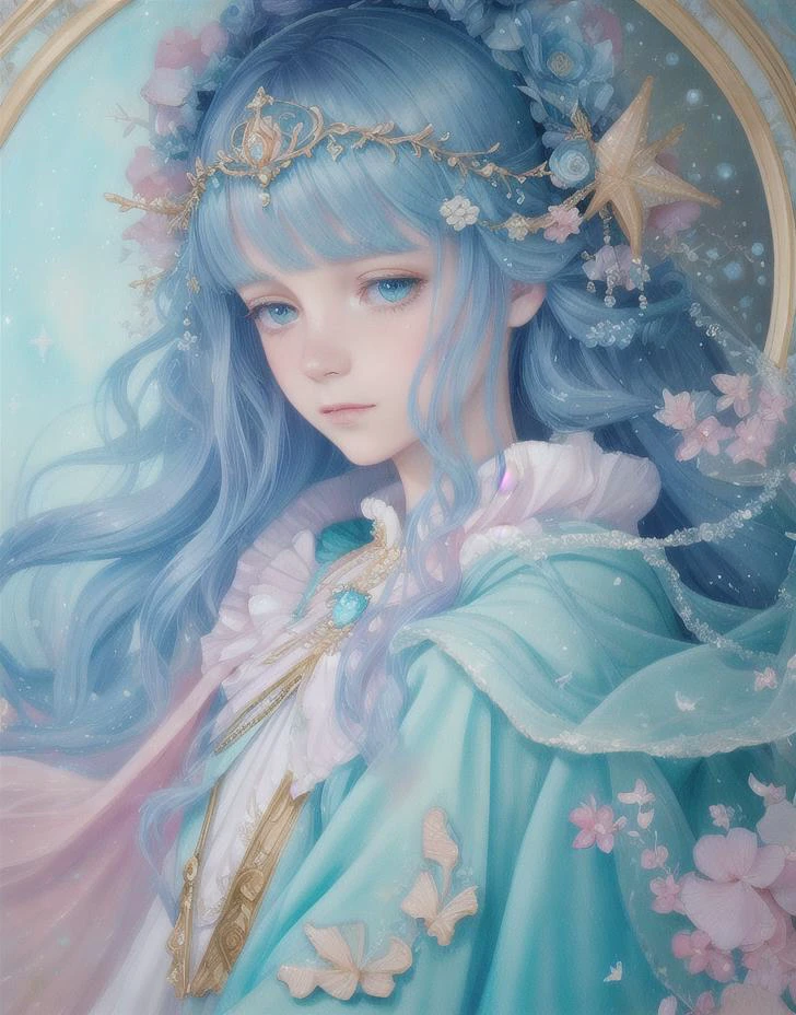 (Cinematic Photo:1.3) of (Realistic:1.3),(Cosy:1.3) Princess girl with wing, Blue, Pastel, glitter, dramatic, dreamy, pastel, Watercolor, Whimsical, Delicate, seashell crown, Trending on Artstation, Highly detailed, Intricate, Portrait, digital painting, Fantasy theme, Fantasy robes, Fantasy concept art, Fantasy character art, Smug, age girl, perfect body, full body, dreamy, pastel, Watercolor, Whimsical, Delicate, seashell crown, art by loish and lois van baarle, Trending on Artstation, Highly detailed, Intricate, Portrait, digital painting,Highly Detailed,(Art Deco:1.3),(Photorealism:1.3),(Classical Realism:1.3),(Fujifilm Superia:1.3)