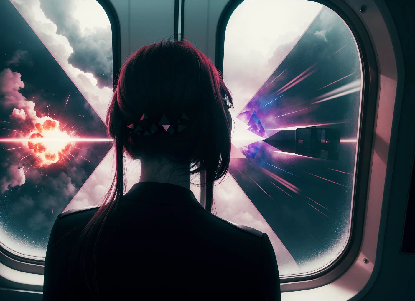 three cornered window, back of head shot of (woman looking out of triangle window:1.1), 3rd person, Looking out the triangular window of a (train:1.1) with triangular windows, triangular windows and triangular, wheels, in a fantasy world,
psychedelic, geometric, vivid light, high contrast, triadic colors, dark shadows, explosions, nuclear mushroom cloud, nuclear explosion, dystopian nightmare,
(beautiful composition),
21 yo woman,