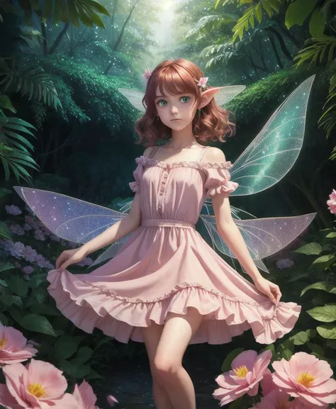 masterpiece, 8k, perfect ligthing, , adult, female, full body shot, looking at viewer, Arm behind back, cinematic lighting, Rosetta, (RosettaWaifu:1.1), Hair curled at the ends, (dress:1.8), (extra long fairy wings), long wings, pink clothes, clothes made from petals, Auburn Hair, (pointy ears), (detailled eyes), green eyes, emerald eyes, shrunken, Looking confused, blush, pixiedust, jungle, flowers, treehouse, night,