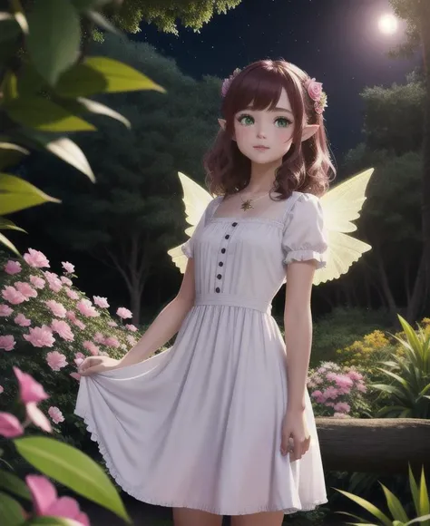 masterpiece, 8k, perfect ligthing, , adult, female, full body shot, looking at viewer, Arm behind back, cinematic lighting, Rosetta, (RosettaWaifu:1.1), Hair curled at the ends, (dress:1.8), (extra long fairy wings), long wings, pink clothes, clothes made from petals, Auburn Hair, (pointy ears), (detailled eyes), green eyes, emerald eyes, shrunken, Looking confused, blush, pixiedust, jungle, flowers, treehouse, night,