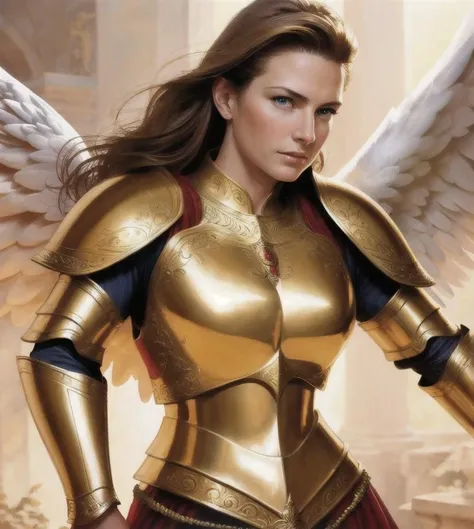 angel warrior in armor gold in ornaments, realistic, photo, elegant, Kodak, portra 400, 8k, soft light, volumetric lighting, highly detailed, style 3/4, portrait photo close-up portrait photography of a beautiful woman, by Alan Lee, Aleksi Briclot, Daniel Gerhartz, Alex Horley-Orlandelli, Alex Ross