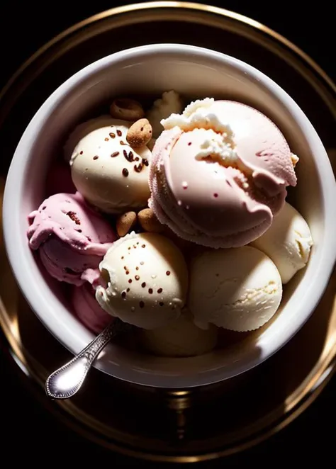 ice cream, intricate detail ,dark background , HD. Photography