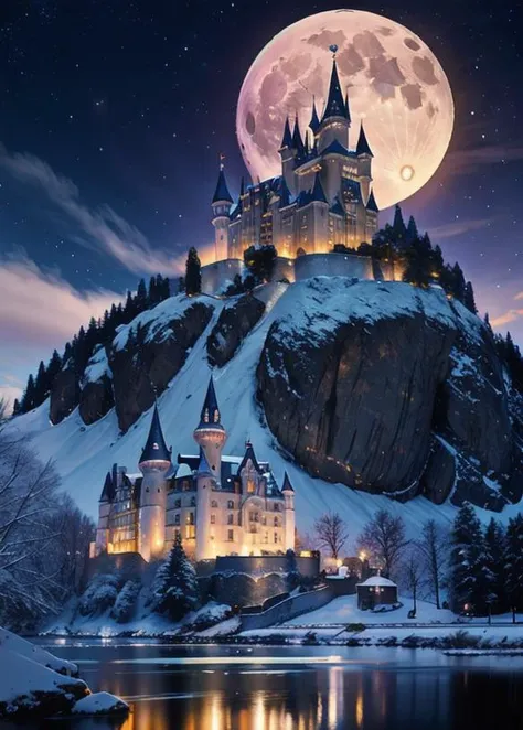 a woman queen ice, realistic photo of a castle on a hill with a full moon in the background, cgsociety, fantasy art, fantasy, fantasy, epic hyper-detailed masterpiece ultra-wide, cinematic still , glamour hyper shoot , bokeh, pre-raphaelite, photo, realistic, 35 mm, photography , 8k resolution , 8 k,