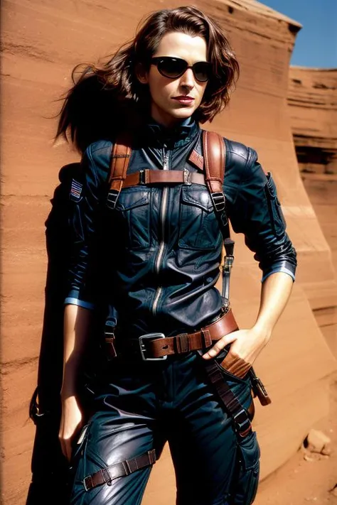 <lora:more_details:1> <lora:BL:1> portait photograph of BL woman, leather harness, goggles, and cargo pants, chasm