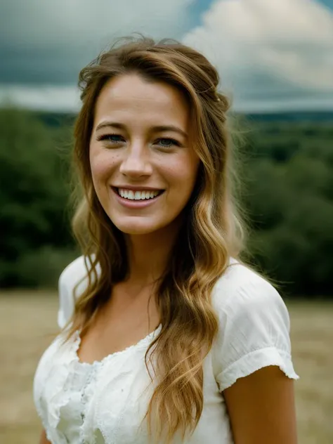 Realistic photo of a beautiful bl4k3l-v2 woman, 1girl, solo, long hair, looking at viewer, smile, blue eyes, blonde hair, outdoors, sky, teeth, day, cloud, grin, blurry, lips, blurry background, portrait, freckles, realistic, soft lighting, professional Photography, Photorealistic, detailed, RAW, analog, sharp focus, 8k, HD, high quality, masterpiece<lora:bl4k3l-v2:1.0>