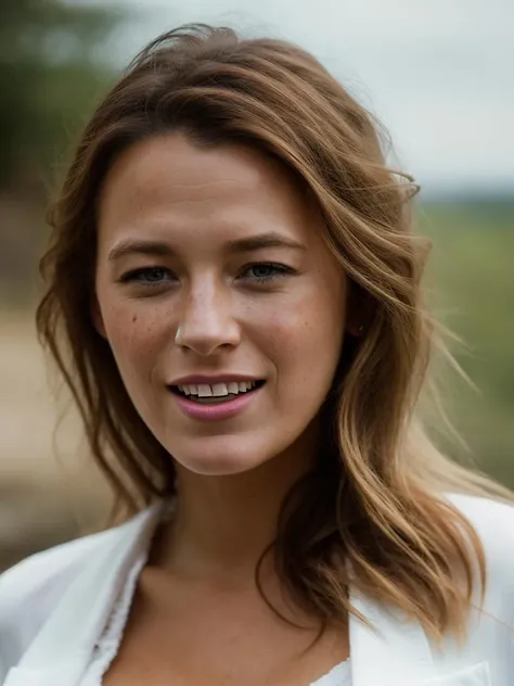 Realistic photo of a beautiful bl4k3l-v2 woman, 1girl, solo, long hair, looking at viewer, smile, open mouth, blue eyes, blonde hair, shirt, white shirt, upper body, open clothes, teeth, mole, blurry, lips, blurry background, freckles, realistic, unbuttoned, soft lighting, professional Photography, Photorealistic, detailed, RAW, analog, sharp focus, 8k, HD, high quality, masterpiece<lora:bl4k3l-v2:1.0>