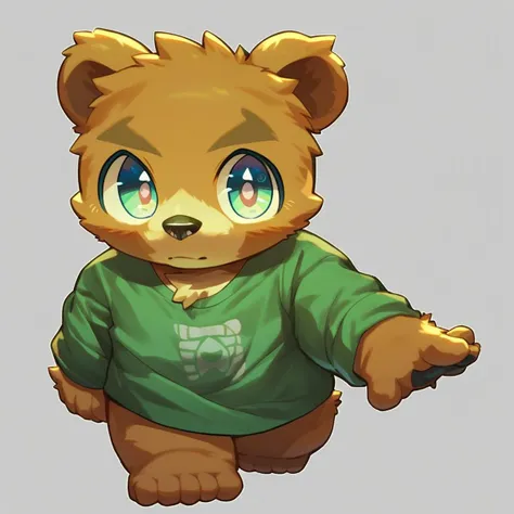 score_9, score_8_up, male, solo, full body, digital art, highly detailed, bear, green shirt, big eyes, large pupil, look at viewer, furry, kemono, cute, anthro