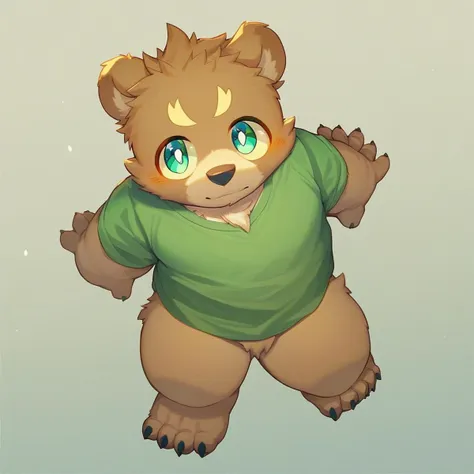 score_9, score_8_up, male, solo, full body, digital art, highly detailed, bear, green shirt, big eyes, large pupil, look at viewer, furry, kemono, cute, anthro