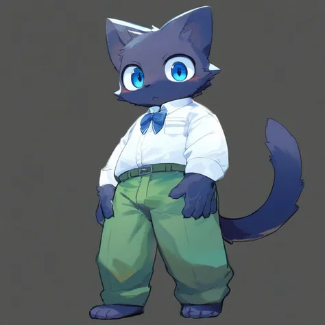 score_9, score_8_up, male, solo, full body, digital art, highly detailed, cat, green trousers, white shirt, no background, simple background, black background, standing posture, big eyes, large pupil, hands on thighs, look at viewer, school uniform, senior high school uniform, blue eyes, black fur, black body, furry, kemono, cute, anthro