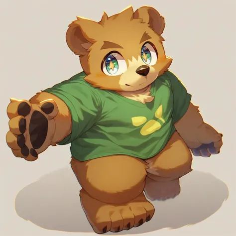 score_9, score_8_up, male, solo, full body, digital art, highly detailed, bear, green shirt, big eyes, large pupil, look at viewer, furry, kemono, cute, anthro