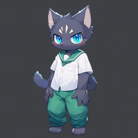 score_9, score_8_up, male, solo, full body, digital art, highly detailed, cat, green trousers, white shirt, no background, simple background, black background, standing posture, big eyes, large pupil, hands on thighs, look at viewer, school uniform, senior high school uniform, blue eyes, black fur, black body, furry, kemono, cute, anthro