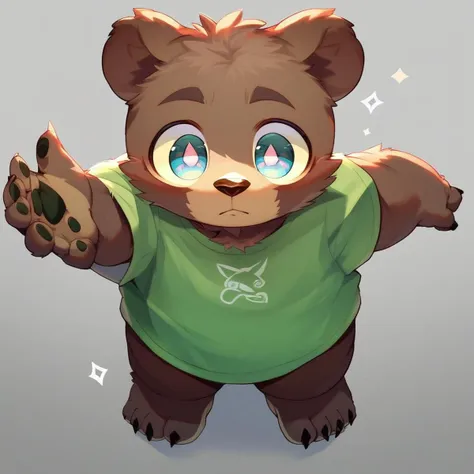 score_9, score_8_up, male, solo, full body, digital art, highly detailed, bear, green shirt, big eyes, large pupil, look at viewer, furry, kemono, cute, anthro