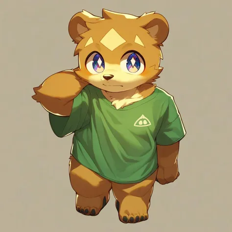 score_9, score_8_up, male, solo, full body, digital art, highly detailed, bear, green shirt, big eyes, large pupil, look at viewer, furry, kemono, cute, anthro