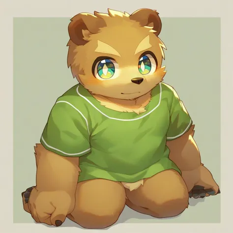 score_9, score_8_up, male, solo, full body, digital art, highly detailed, bear, green shirt, big eyes, large pupil, look at viewer, furry, kemono, cute, anthro