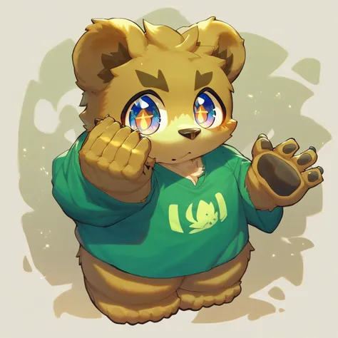 score_9, score_8_up, male, solo, full body, digital art, highly detailed, bear, green shirt, big eyes, large pupil, look at viewer, furry, kemono, cute, anthro