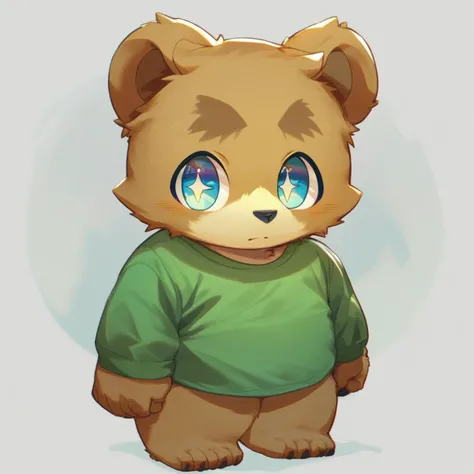 score_9, score_8_up, male, solo, full body, digital art, highly detailed, bear, green shirt, big eyes, large pupil, look at viewer, furry, kemono, cute, anthro