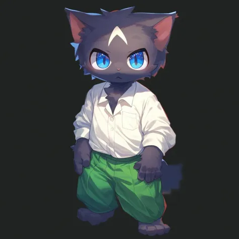 score_9, score_8_up, male, solo, full body, digital art, highly detailed, cat, green trousers, white shirt, no background, simple background, black background, standing posture, big eyes, large pupil, hands on thighs, look at viewer, school uniform, senior high school uniform, blue eyes, black fur, black body, furry, kemono, cute, anthro