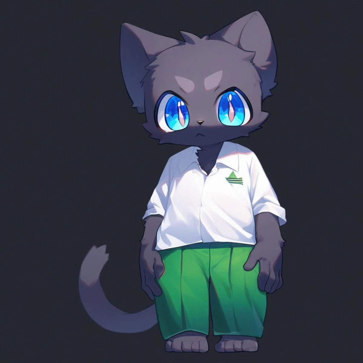 score_9, score_8_up, male, solo, full body, digital art, highly detailed, cat, green trousers, white shirt, no background, simple background, black background, standing posture, big eyes, large pupil, hands on thighs, look at viewer, school uniform, senior high school uniform, blue eyes, black fur, black body, furry, kemono, cute, anthro