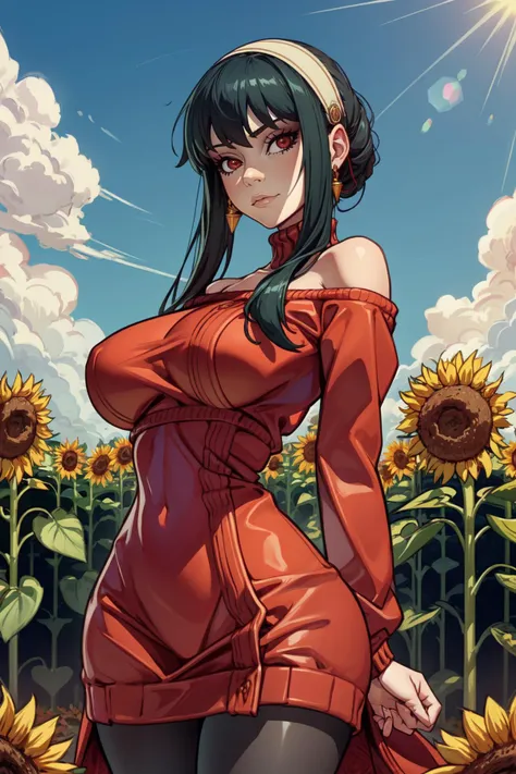 1girl, (solo:1.2), curvy, (masterpiece:1.2), (best quality:1.2), (perfect anatomy:1.4), (interacting with the viewer while facing him in a dynamic pose in motion), (arms behind back:1.3), cute, closed mouth, (large breasts:1.4), (cowboy shot:1.4), <lora:xxNikichenxx [MockAi - v1.0]:0.8> xxnikichenxx, pinup, shiny skin, <lora:Minamoto-no-Raikou [h_madoka - v1.0]:0.7> hmmr1, minamoto no raikou (fate), low-tied long hair, school uniform, black serafuku, black shirt, crop top, collarbone, neckerchief, midriff, long skirt, choker, side slit, sailor collar, (sunflower field:1.3), (summer:1.3), (dust path beside field), blue sky, sunflowers everywhere,