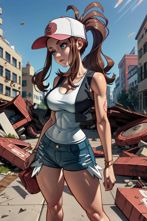 1girl, (solo:1.2), curvy, (masterpiece:1.2), (best quality:1.2), (perfect anatomy:1.4), (perfect female anatomy:1.2), (confident:1.2),
<lora:xxNikichenxx [MockAi - v1.0]:0.8> xxnikichenxx, pinup, shiny skin, (large breasts:1.2), <lora:Hilda [Numeratic - v1.0]:0.85> def1, hilda \(pokemon\), denim shorts, sleeveless shirt, white shirt, black vest, baseball cap, brown hair, ponytail, sidelocks, blue eyes, medium breasts, young female,, (post fight scenery:1.3), rubble, outside, daylight