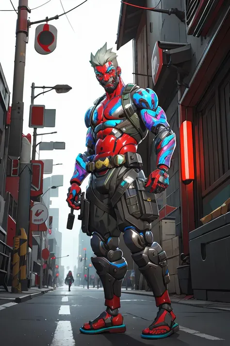 1boy,male focus,,cybergenji,<lora:CyberGenji:0.8>,Cyberworld,solo,cyborg,sandals,fangs,ninjamecha,mechanical arms,2d,street,neon lights,night