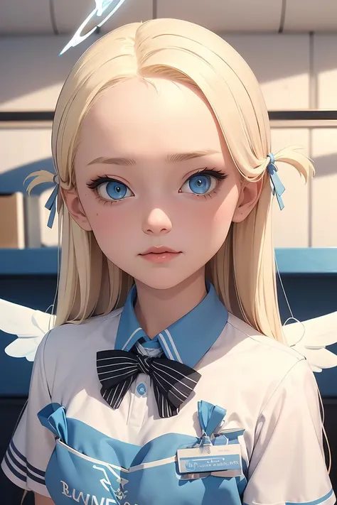 (masterpiece, best quality), 1girl, <lora:sora_scarxzys:1> sora, blonde hair, blue eyes, two side up, long hair, forehead, halo, mini wings, white wings, low wings, blue apron, white shirt, off shoulder, strap slip, bowtie, short sleeves