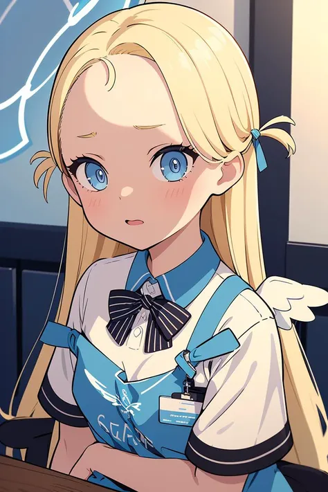 (masterpiece, best quality), 1girl, <lora:sora_scarxzys:1> sora, blonde hair, blue eyes, two side up, long hair, forehead, halo, mini wings, white wings, low wings, blue apron, white shirt, off shoulder, strap slip, bowtie, short sleeves