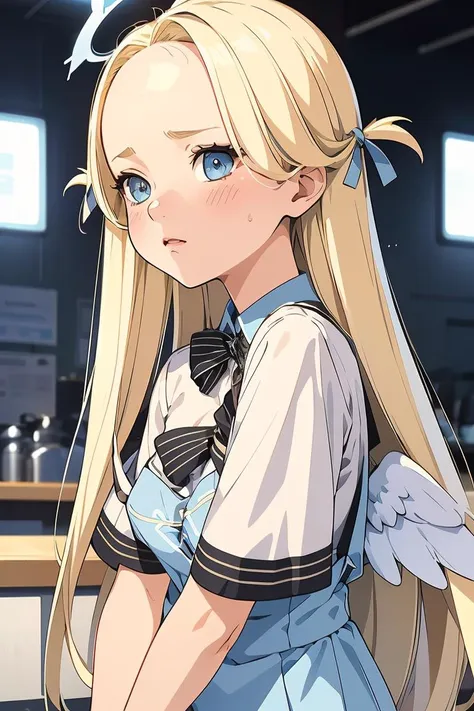 (masterpiece, best quality), 1girl, <lora:sora_scarxzys:1> sora, blonde hair, blue eyes, two side up, long hair, forehead, halo, mini wings, white wings, low wings, blue apron, white shirt, off shoulder, strap slip, bowtie, short sleeves