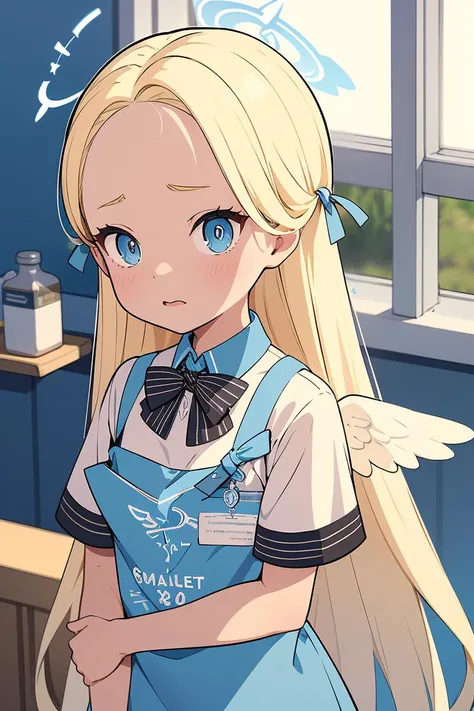 (masterpiece, best quality), 1girl, <lora:sora_scarxzys:1> sora, blonde hair, blue eyes, two side up, long hair, forehead, halo, mini wings, white wings, low wings, blue apron, white shirt, off shoulder, strap slip, bowtie, short sleeves