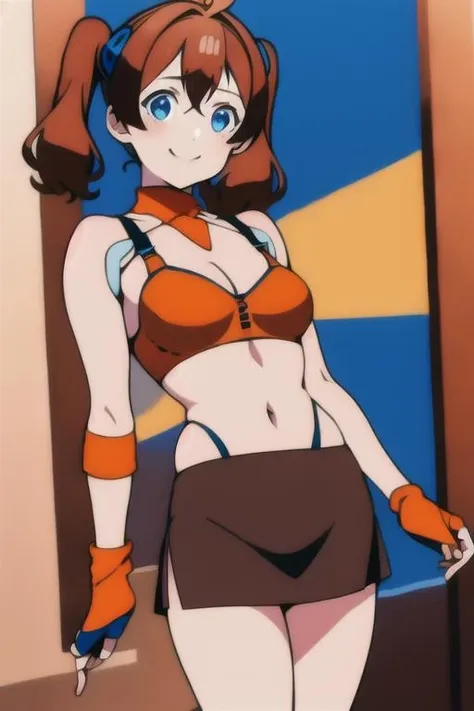 masterpiece, best quality, 1girl, blue eyes, medium breast, orange arm sleeves, orange bra, medium hair, jacket, fingerless gloves, hair hornaments, skirt, brown hair, navel, twintails, underwear, mini black skirt, panties, clothing cutout, cleavage cutout, midriff, bra <lora:MahiruMizu:0.9> smile, indoor background, window