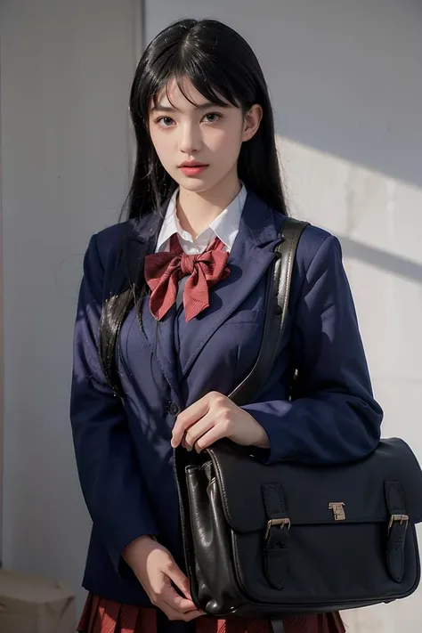 1 girl, age 18, KOMI_SCH, blue suit jacket:1.2, red checkered skirt:1.2, red neck bow, belt, school bag, reflection of real life photo,
8K, realistic, photo, (photorealistic: 1.3), (High Skin Detail),
(masterpiece, top quality, best quality, official art, beautiful and aesthetic:1.2), ((extreme exquisitely delicate and beautiful)),
<lora:KomiV1.0:1>