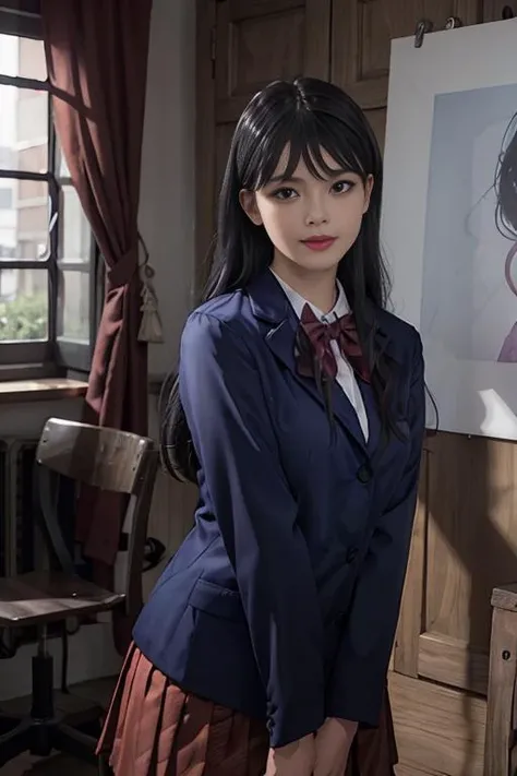 (RAW photo:1.2), (photorealistic:1.4),(masterpiece:1.3),(best quality:1.4),ultra high res,(detailed eyes),(detailed facial features),(detailed clothes features),HDR,8k resolution, solo focus, looking at viewer, (bangs:1.1), dreamlike, (extreme detailed illustration), 1girl,cute, innocent, (smile), cowboy shot, komi_sch, blue blazer, red pleated skirt with blue stripe,<lora:KomiV1.0:1>