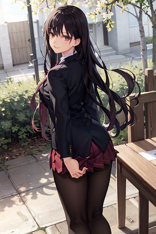 (RAW photo:1.2), (photorealistic:1.4),(masterpiece:1.3),(best quality:1.4),ultra high res,(detailed eyes),(detailed facial features),(detailed clothes features),HDR,8k resolution, solo focus, looking at viewer, (bangs:1.1), dreamlike, (extreme detailed illustration), 1girl, solo, cute, innocent, (smile), full body, standing, outdoors, komi_sch, blue blazer, red pleated skirt with blue stripe,black pantyhose, <lora:KomiV1.0:0.8>,