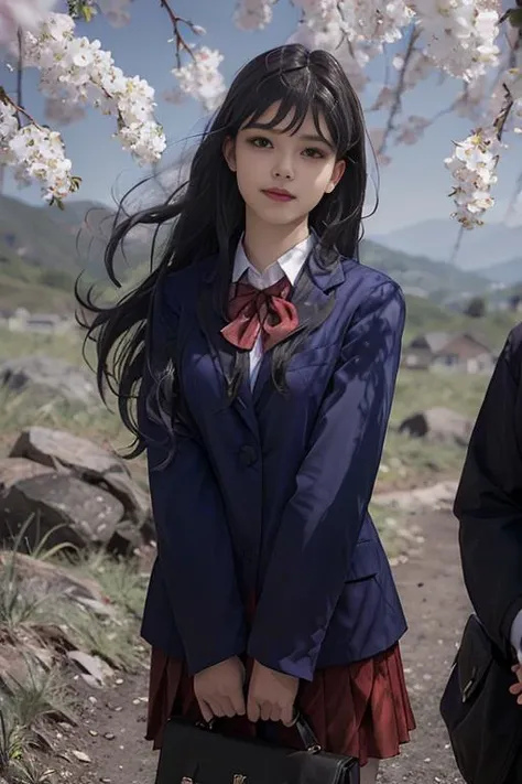 (RAW photo:1.2), (photorealistic:1.4),(masterpiece:1.3),(best quality:1.4),ultra high res,(detailed eyes),(detailed facial features),(detailed clothes features),HDR,8k resolution, solo focus, looking at viewer, (bangs:1.1), dreamlike, (extreme detailed illustration), 1girl,cute, innocent, (smile), cowboy shot, outdoors, komi_sch, blue blazer, red pleated skirt with blue stripe,<lora:KomiV1.0:1>