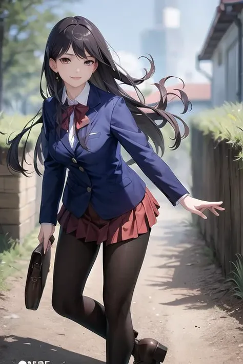 (RAW photo:1.2), (photorealistic:1.4),(masterpiece:1.3),(best quality:1.4),ultra high res,(detailed eyes),(detailed facial features),(detailed clothes features),HDR,8k resolution, solo focus, looking at viewer, (bangs:1.1), dreamlike, (extreme detailed illustration), 1girl, solo, cute, innocent, (smile), full body, standing, outdoors, komi_sch, blue blazer, red pleated skirt with blue stripe,black pantyhose, <lora:KomiV1.0:0.8>,