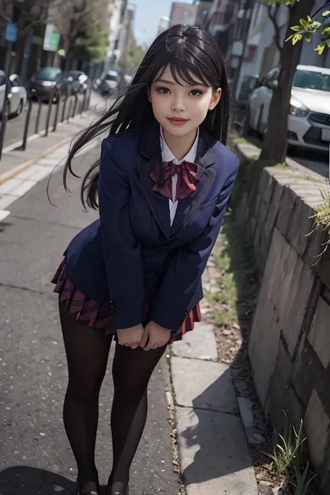 (RAW photo:1.2), (photorealistic:1.4),(masterpiece:1.3),(best quality:1.4),ultra high res,(detailed eyes),(detailed facial features),(detailed clothes features),HDR,8k resolution, solo focus, looking at viewer, (bangs:1.1), dreamlike, (extreme detailed illustration), 1girl, solo, cute, innocent, (smile), full body, standing, outdoors, komi_sch, blue blazer, red pleated skirt with blue stripe,black pantyhose, <lora:KomiV1.0:0.8>,