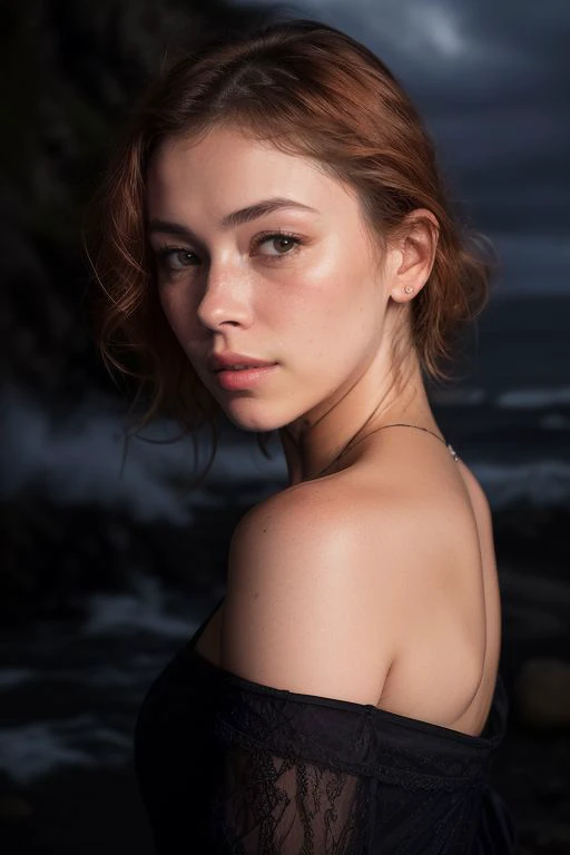Beautiful lady, freckles, dark makeup, hyperdetailed photography, soft light, head and breast portrait, cover, , big breastes.In the mouth of bonana,on the lips,kneeling,waiting for her to in her mouth