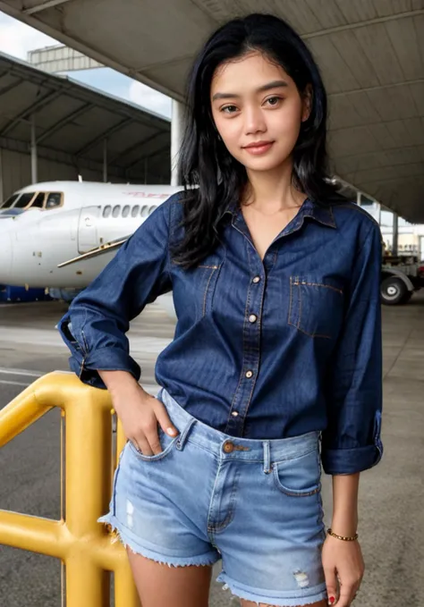 A sophisticated portrait of almachau123 at an airport tarmac, smiling, She has soft black hair, a fitted denim shirt with sleeves rolled up, and black jeans with golden rivets. One hand is touching her collarbone and the other on her hip. In the blurry background, there's a jet. The lighting is warm and clear, suggesting late afternoon. Her makeup is natural, highlighting her strong gaze and soft smile, <lora:almachau123:1>,